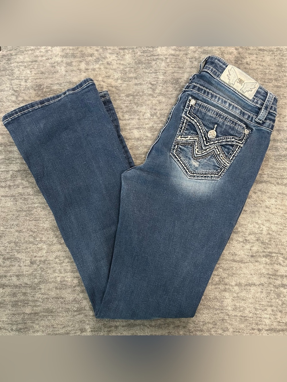 Miss Me Mid Rise Boot Cut Jean Size 31 Y2K Denim Embellished Medium Wash Western